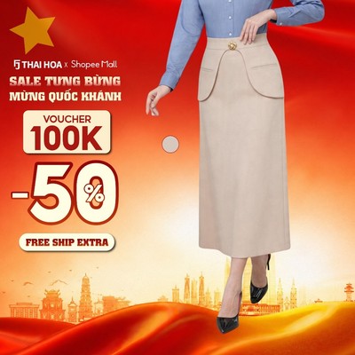 Chân váy nữ dáng dài 293 màu be Thái Hoà thiết kế công sở dáng suông A thiết kế túi nắp tròn đính cúc đá sang trọng