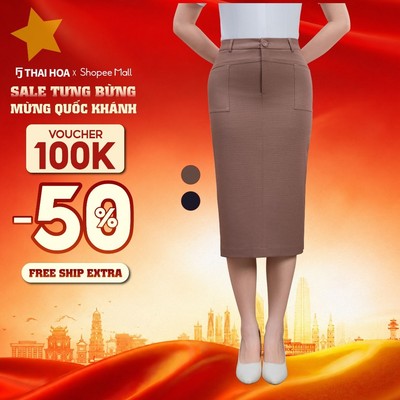 Chân váy nữ Thái Hòa  271 dáng bút chì cạp cao 2 lớp form dài qua gối cạp 1 khuy