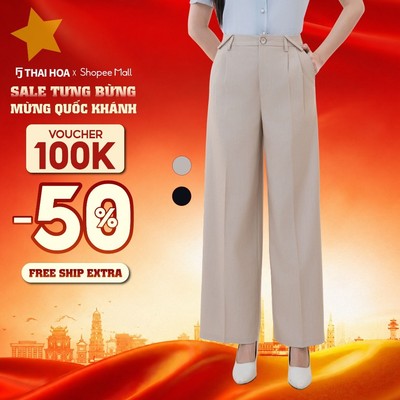 Quần suông nữ 259 ống đứng 1 cúc cạp cao gập cách điệu Thái Hòa