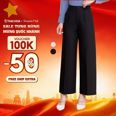 Quần suông nữ 288 chất liệu cotton vải trơn kiểu ống rộng 1 cúc cạp cao Thái Hòa