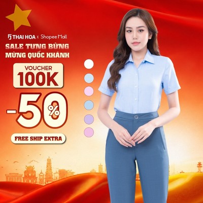Áo sơ mi nữ công sở thiết kế ngắn tay vải sợi tre kẻ tăm Thái Hòa ASW0301-R06