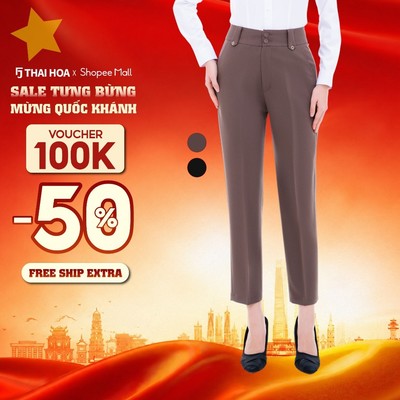 Quần tây nữ 255 ống đứng bản cạp đính đá cách điệu tinh chất vỏ hàu form nhỏ Thái Hoà