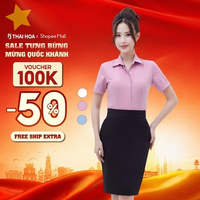 Áo sơ mi nữ 248 ngắn tay chất liệu AB Siro vải kẻ ngang dệt chìm nẹp khuy cao cấp Thái Hòa