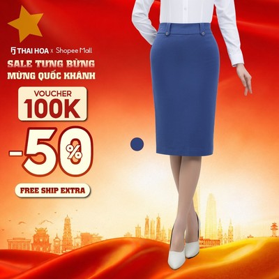 Chân váy nữ 263 dáng bút chì màu xanh đá chất liệu cao cấp Thái Hòa