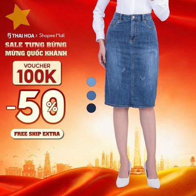 Chân váy jean nữ 100 công sở dáng dài jean màu xanh Thái Hòa