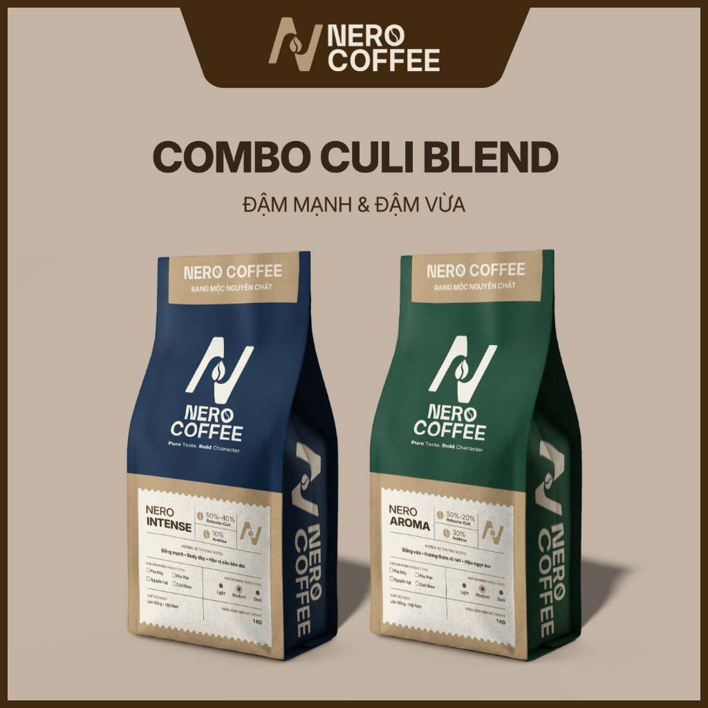 COMBO 2 Túi Cà phê Culi Blend NERO INTENSE & AROMA - Cà phê Robusta Culi Arabica rang mộc nguyên chấ