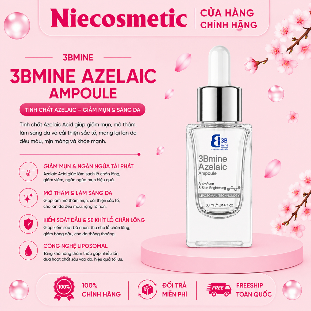 Serum 3Bmine Azelaic Ampoule Hỗ Trợ Giảm Mụn Mờ Thâm Kiềm Dầu 30ml