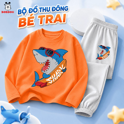 Bộ thu đông dài tay bé trai BOBDOG quần áo cho bé chất thun cotton co giãn in hình CÁ MẬP TW-BDO74