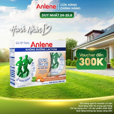 Lốc 3 hộp 180ml Sữa tiệt trùng hương hạnh nhân Anlene Lactose Free không thêm đường, ít béo, giàu canxi, ngọt dịu