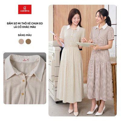Đầm sơ mi nữ CARDINA chất liệu thô kẻ chun eo lá cổ khác màu 6VAD10