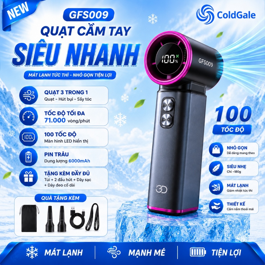 Quạt Mini Turbo ColdGale GFS009 Chính Hãng - Gió Siêu Mạnh 71000RPM, Màn Hình LED, Pin 6000mAh