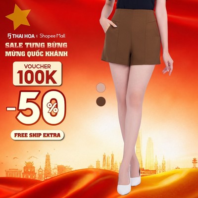 Quần short ngắn nữ 110 Thái Hòa Quần đùi nâu be vải tuyết mưa