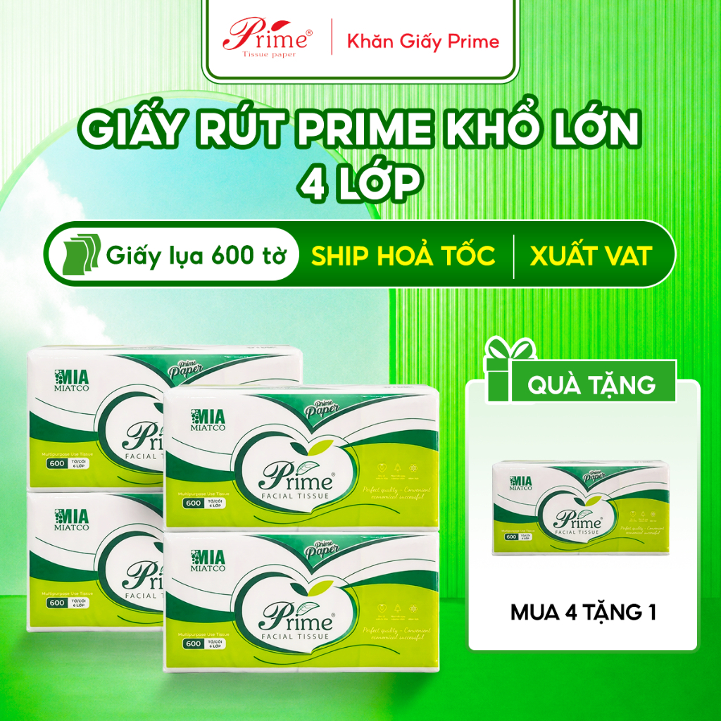 Giấy Rút Đa Năng Lớn PRIME 540 Tờ 4 Lớp, Giấy Ăn Rút Gia Đình, Giấy Lụa Mềm Mịn, Bột Giấy Nguyên Chất, Siêu Dai