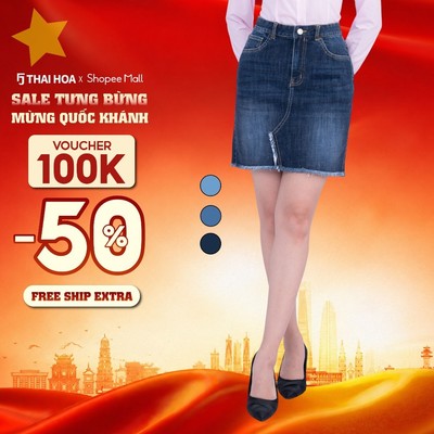 Chân váy jean 101 nữ công sở dáng ngắn màu xanh Thái Hòa