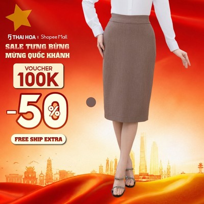 Chân váy nữ Thái Hòa 260 dáng bút chì dài màu nâu tiêu 2 lớp