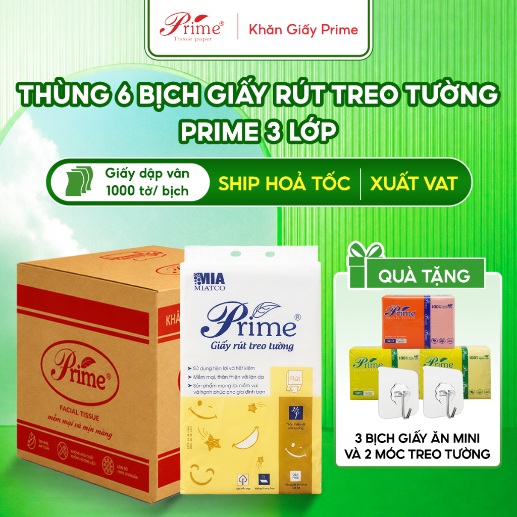 Thùng 6 Gói Giấy Rút Đa Năng Treo Tường PRIME 1000 Tờ Cao Cấp, Giấy Lau Mềm Mịn Không Mủn Tặng 3B Mini+2Móc Dán