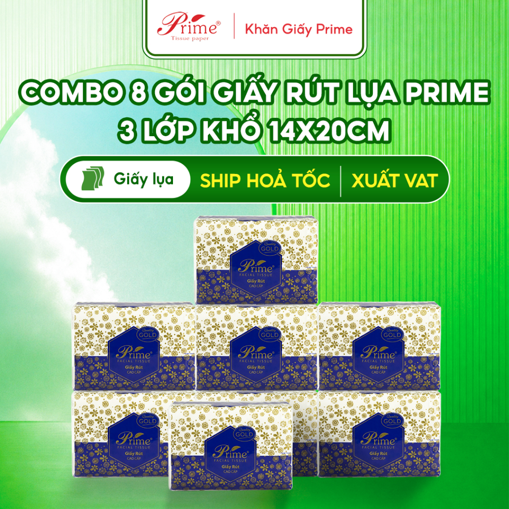 Combo 8 Gói Giấy Rút Đa Năng PRIME 150 Tờ 3 Lớp, Giấy Ăn Siêu Dai, Mềm Mịn, An Toàn cho Gia đình, văn phòng, quán ăn