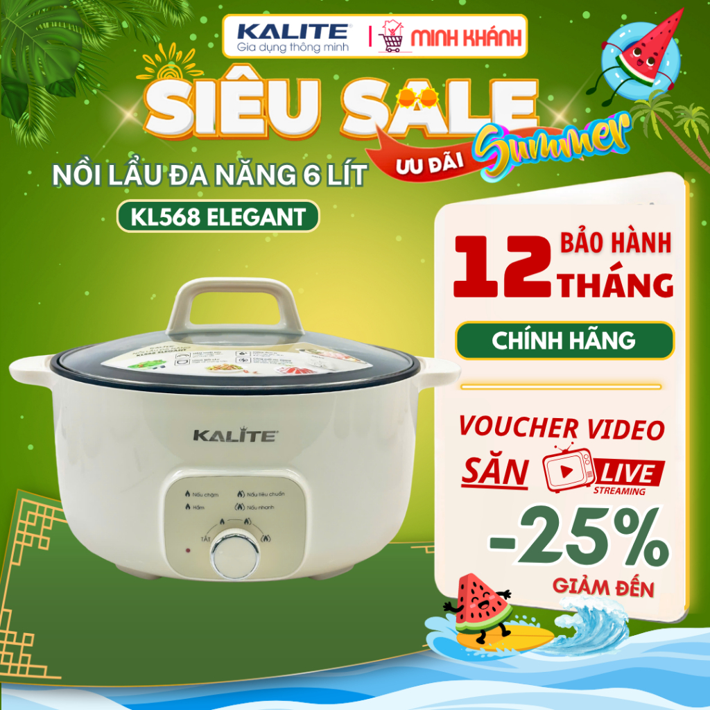 Nồi lẩu đa năng KALITE KL568 Elegant, dung tích 6L, công suất 2000W, 3 Chế độ nhiệt, an toàn, bền bỉ