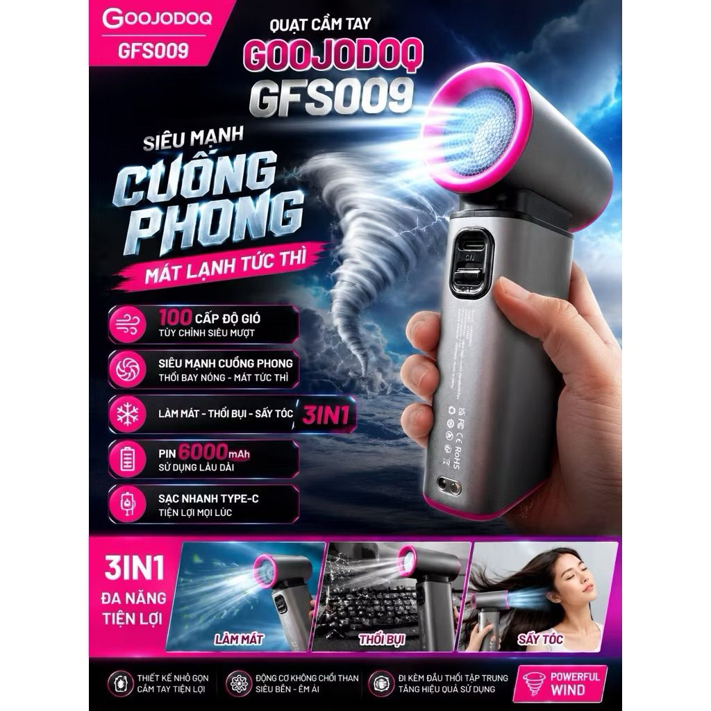 Quạt cầm tay Goojodog Gfs009 siêu mạnh cuồng phong , có thể làm máy sấy tóc  , pin 6000mah , động cơ
