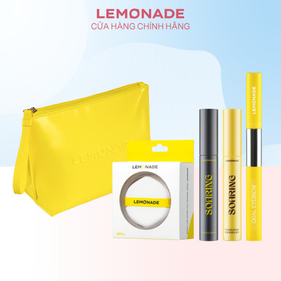 Combo Lemonade Dual Eyebrow, Soaring Mascara, Remover, Cushion puff và Cosmetic Bag