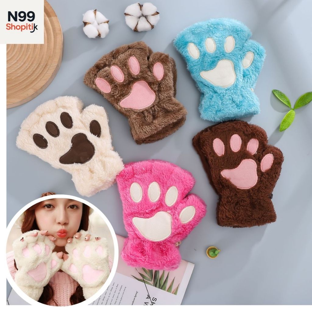 Găng tay hở ngón nhung lông hình đệm chân mèo hoặc gấu có dây