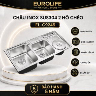 Chậu rửa chén inox 304 2 hố 1 hố rác eurolife el-c9245 - bồn rửa bát có khay cài dao