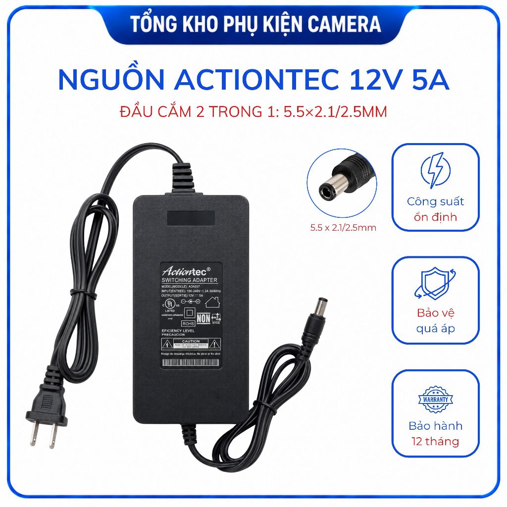 Nguồn 12V 5A Actiontec cho camera, đầu ghi, đèn LED, thiết bị 12V, bảo hành 12 tháng | C07