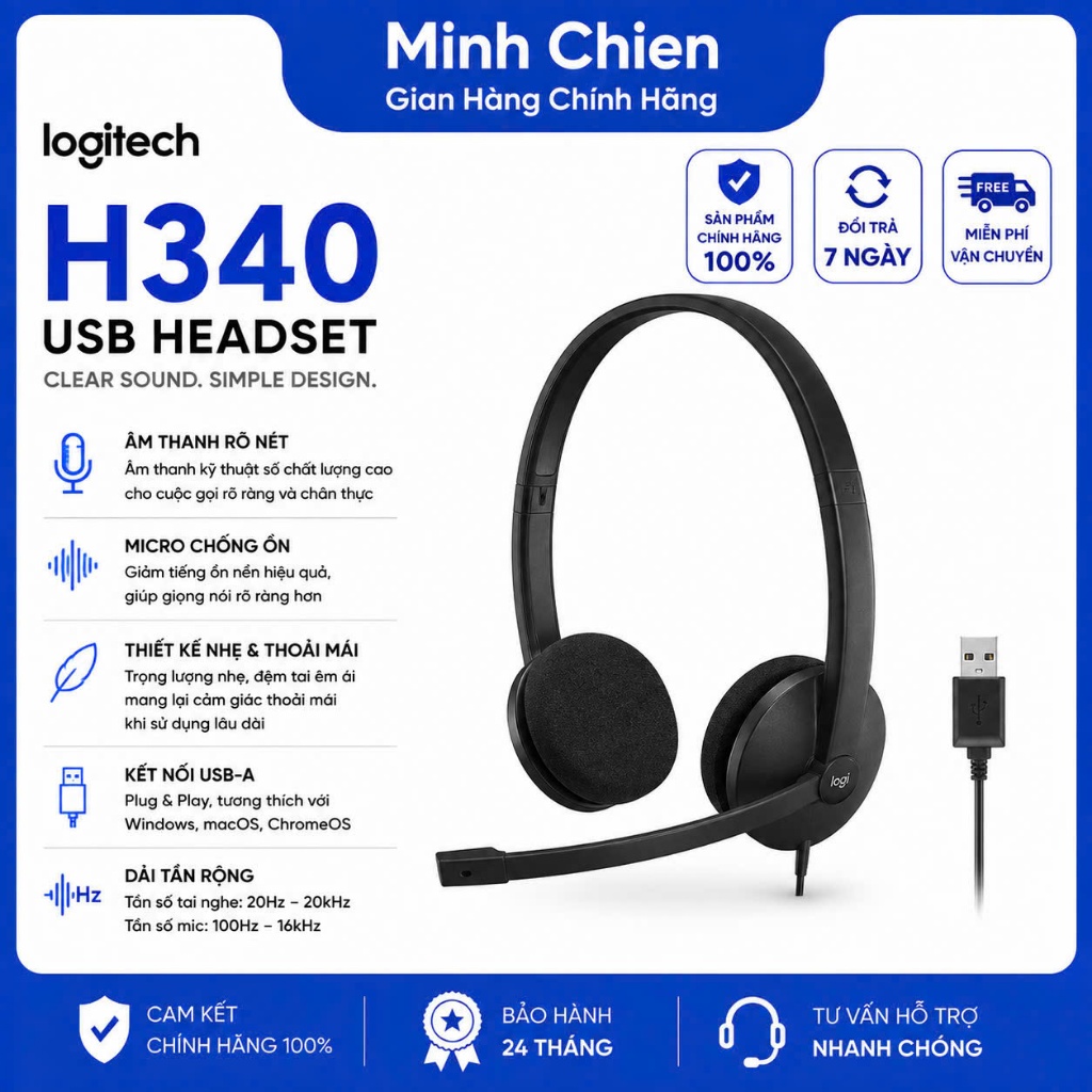 Tai nghe có dây Logitech H340 - Mic giảm ồn, kết nối USB-A
