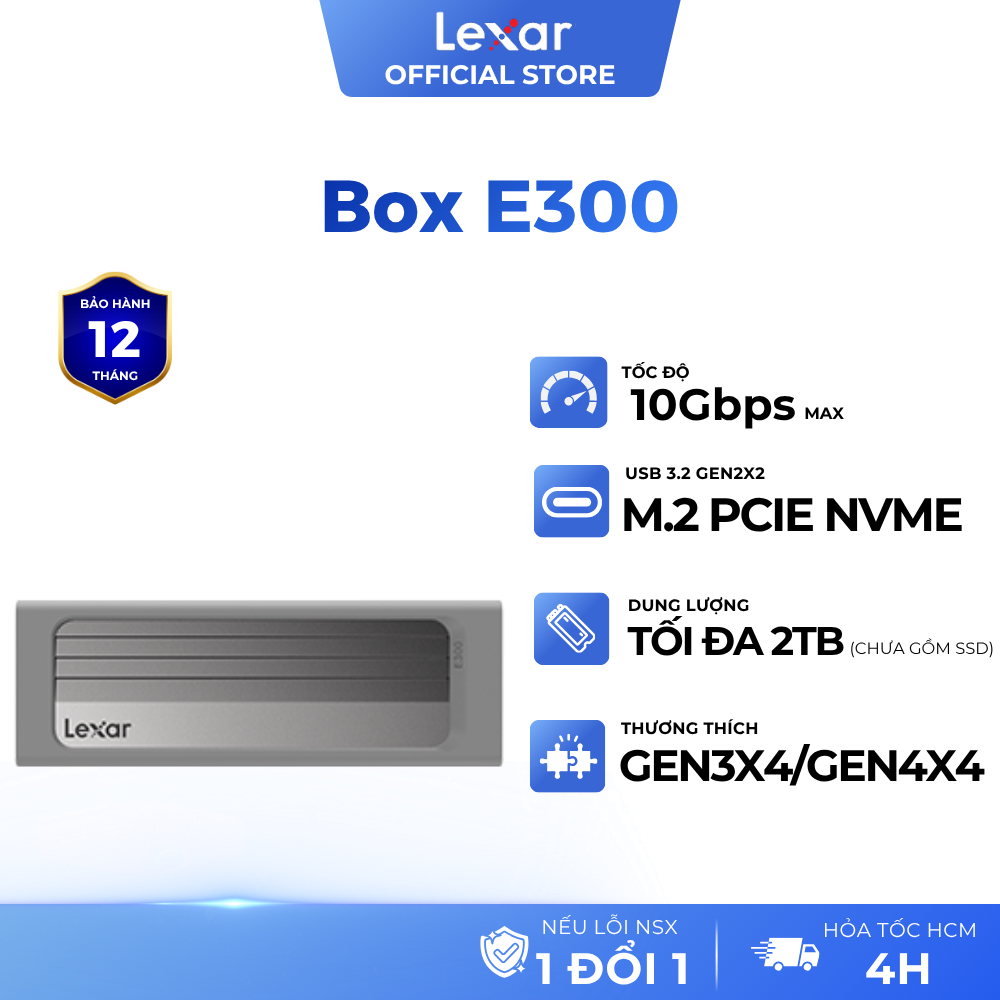 Box SSD Lexar E300 M.2 Nvme Enclosure hỗ trợ USB 3.2 Gen 2, Tốc độ cao 10Gbps, Bảo hành chính hãng 1