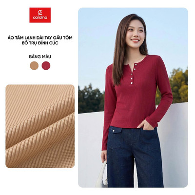 Áo thun nữ CARDINA chất tăm lạnh dài tay gấu tôm bổ trụ đính cúc 6AFD01