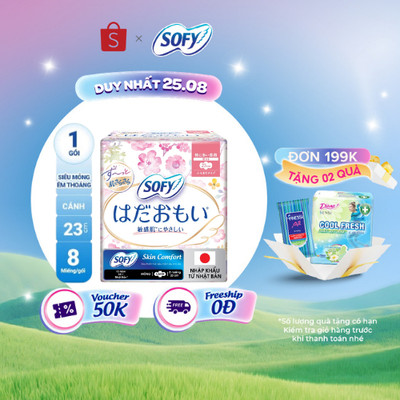 Băng vệ sinh siêu êm thoáng Sofy Skin Comfort 23cm có cánh gói 08 miếng (Nhập khẩu)