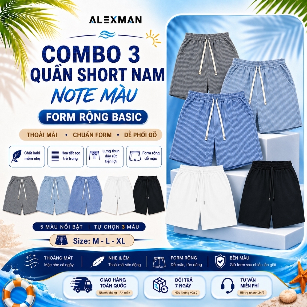 Combo 3 Quần Short Nam Form Rộng Ống Suông - ALEXMAN
