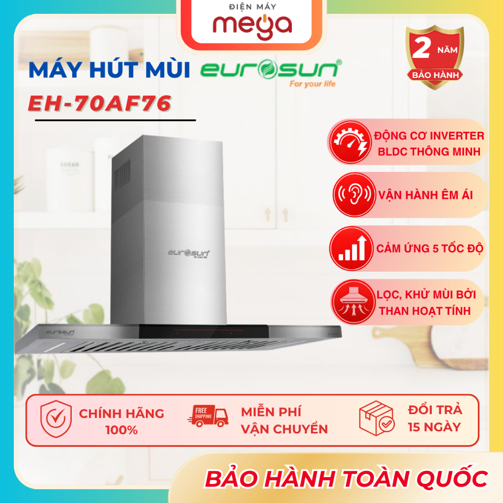 Máy hút mùi kính vát Eurosun EH-70AF76 (70cm) - Công suất hút 1000m³/h, Động cơ Inverter, Cảm ứng vẫ