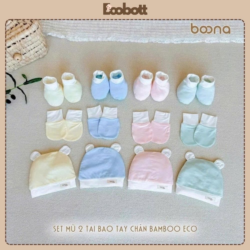 (ECO TRƠN) Bộ Mũ Tai Gấu Và Bao Tay Bao Chân Màu Trơn BOONA Chất Vải Sợi Tre Bamboo Eco Cao Cấp Mềm 