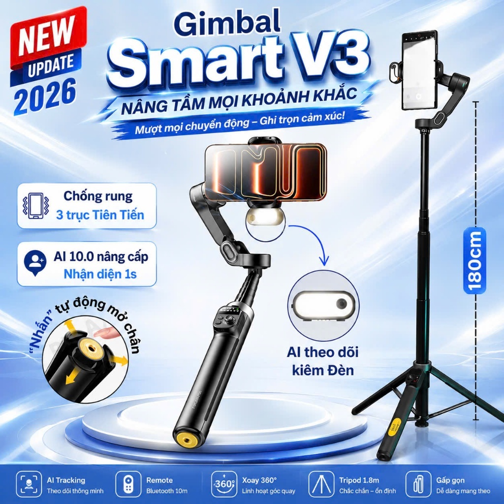 Gimbal chống rung 3 trục AOCHUAN Smart V3 - Gimbal AI kiêm tripod kéo dài 180cm NÂNG CẤP 2026