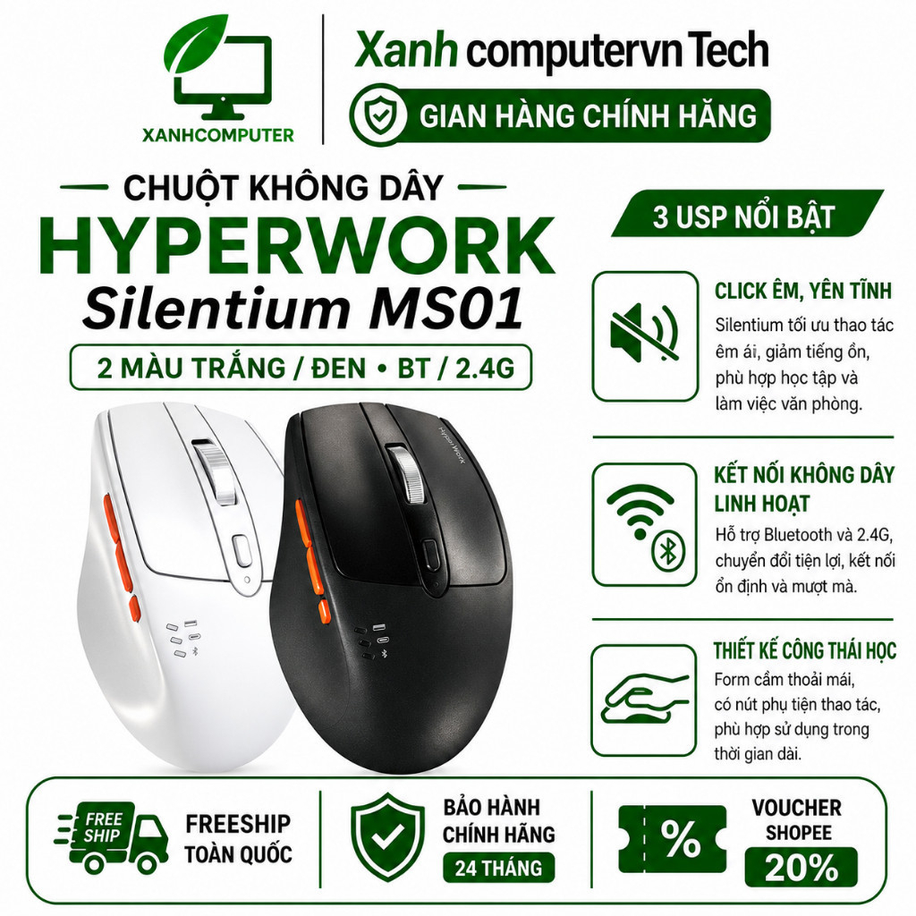 Chuột Không Dây HyperWork 𝗦𝗶𝗹𝗲𝗻𝘁𝗶𝘂𝗺 MS01 - 3 mode - silent - Hàng Chính Hãng