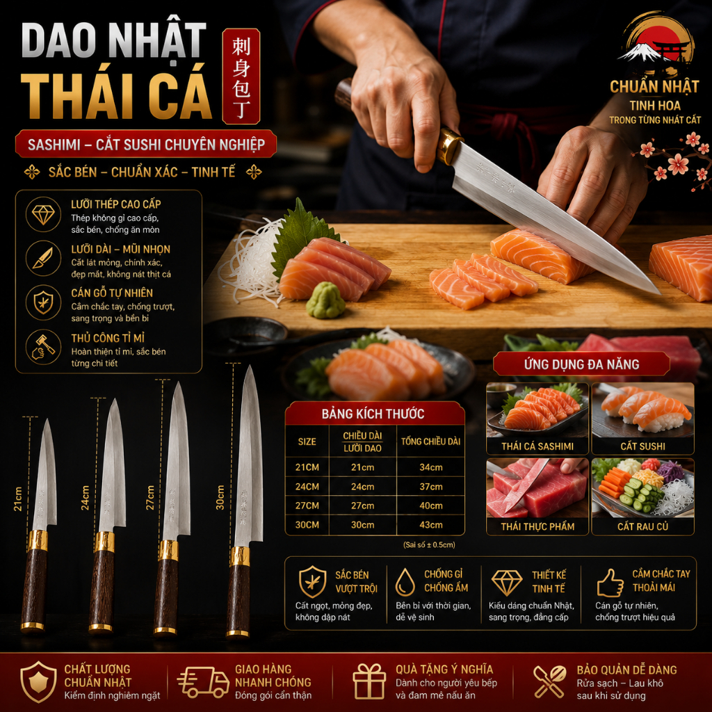 Dao Nhật Thái Cá Sashimi Cắt Sushi – Dao Bếp Lưỡi Dài Cán Gỗ, Size 21cm 24cm 27cm 30cm