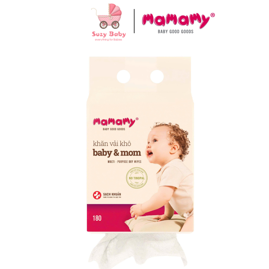 KHĂN VẢI KHÔ ĐA NĂNG MAMAMY 180 TỜ DẠNG RÚT MỀM MẠI CHO BÉ, SUZY BABY