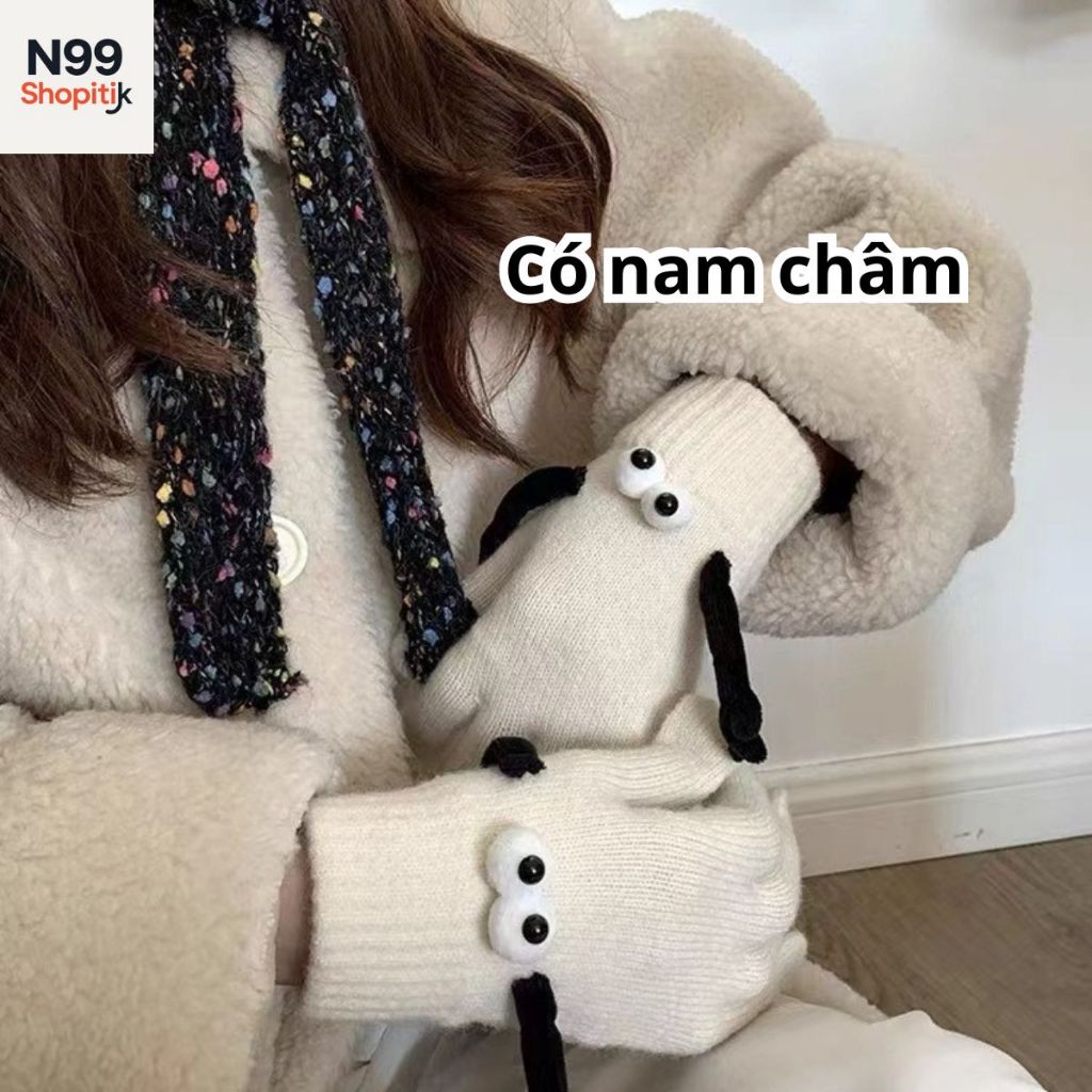 Găng tay len cừu hình đôi mắt to màu trắng đen