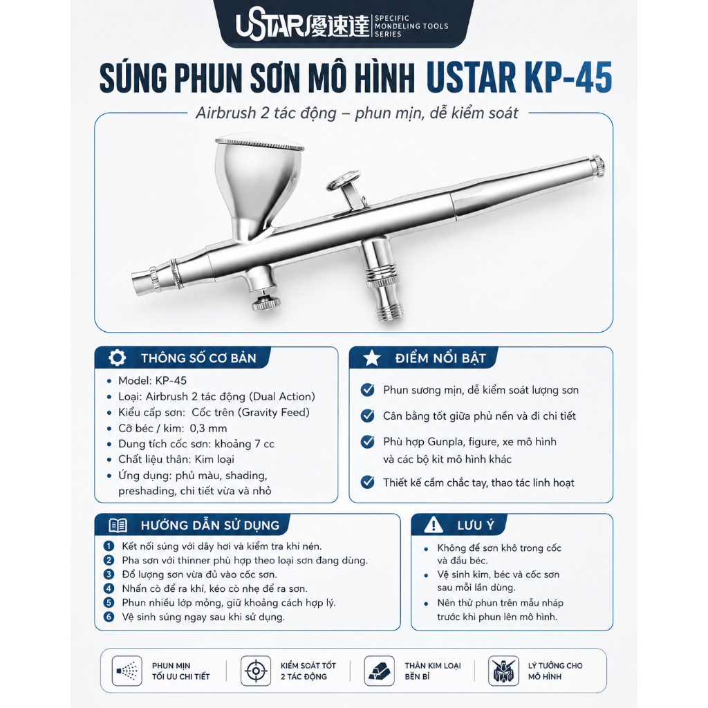 Bút Phun Sơn Airbrush USTAR KP-45 0.35mm Double Action Airbrush Gun Phun Màu Mô Hình Gundam Figure