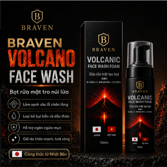 Bọt Rửa Mặt Nam BRAVEN VOLCANIC Tro Núi Lửa 150ml | Làm Sạch Sâu Kiềm Dầu Hỗ Trợ Ngừa Mụn