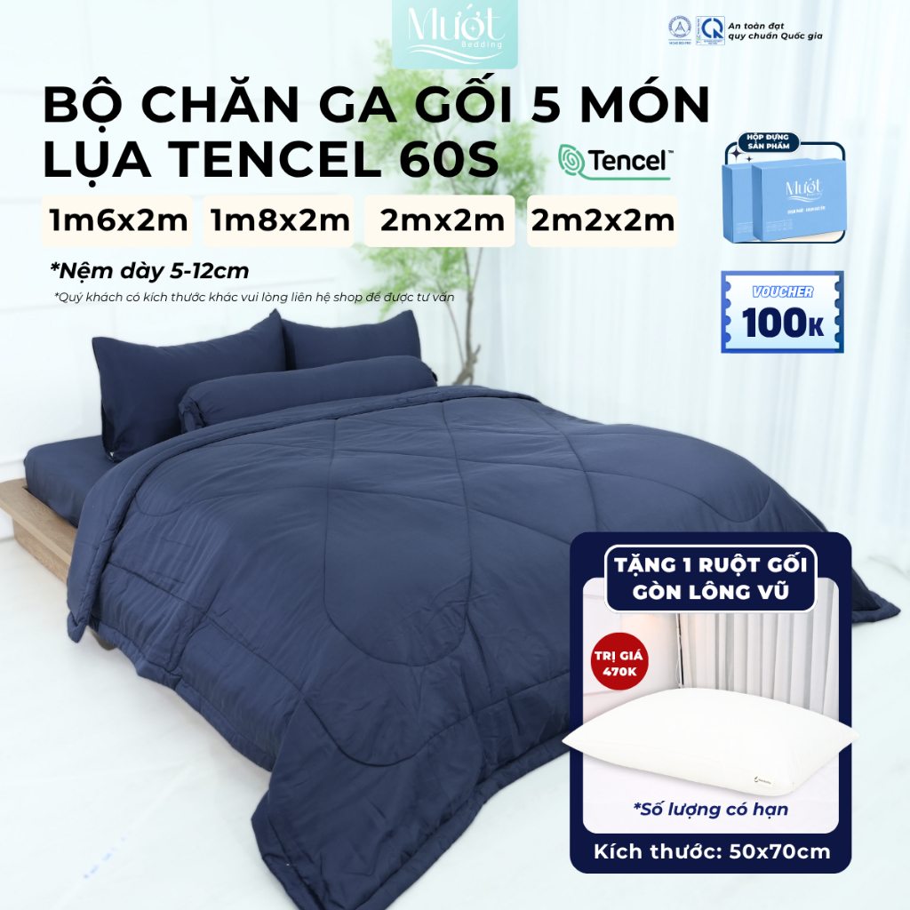 Bộ chăn ga gối 5 món nệm kích thước 1m6x2m, 1m8x2m, 2mx2m, 2m2x2m (Dày 5-12cm) Lụa Tencel 60s Mướt Bedding cao cấp