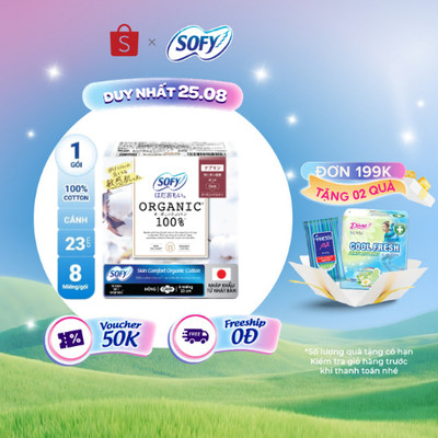Băng vệ sinh siêu mỏng có cánh Sofy Organic 23cm 100% Cotton (gói 8 miếng)
