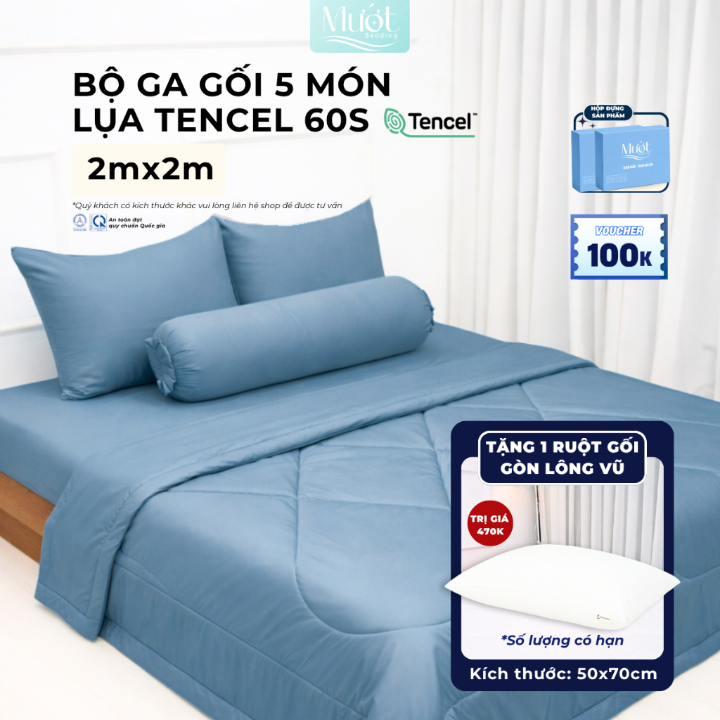 Bộ chăn ga gối 5 món cho nệm kích thước 2mx2m Lụa Tencel 60s Mướt Bedding cao cấp trơn màu