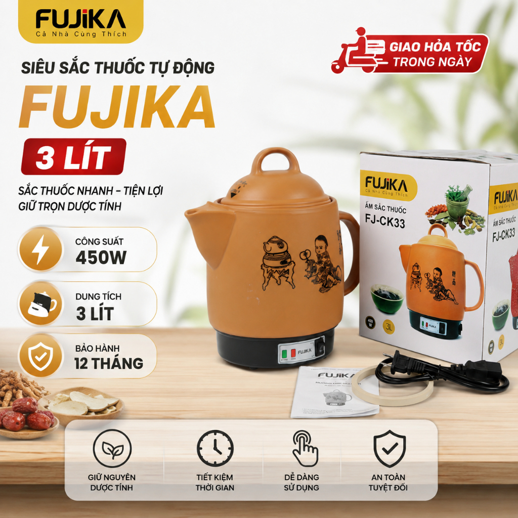 Ấm sắc thuốc bắc bằng điện Nkmedia/ Fujika 3 lít 450W, bảo hành 12 tháng 1 đổi 1 nếu bể vỡ