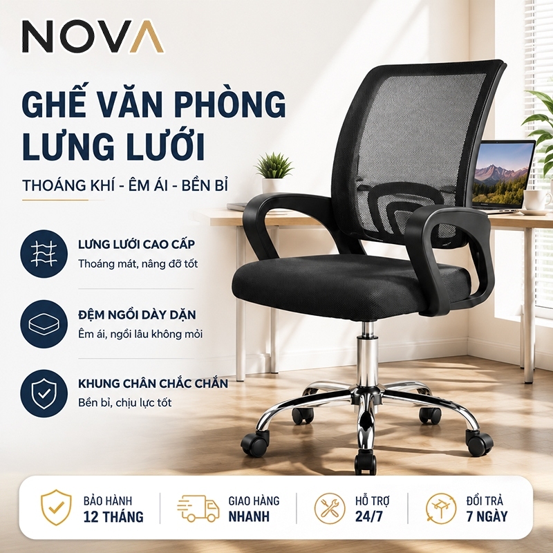 Ghế văn phòng công thái học NOVA, ghế lưới cao cấp, đệm dày êm ái, xoay 360°, chân chắc chắn