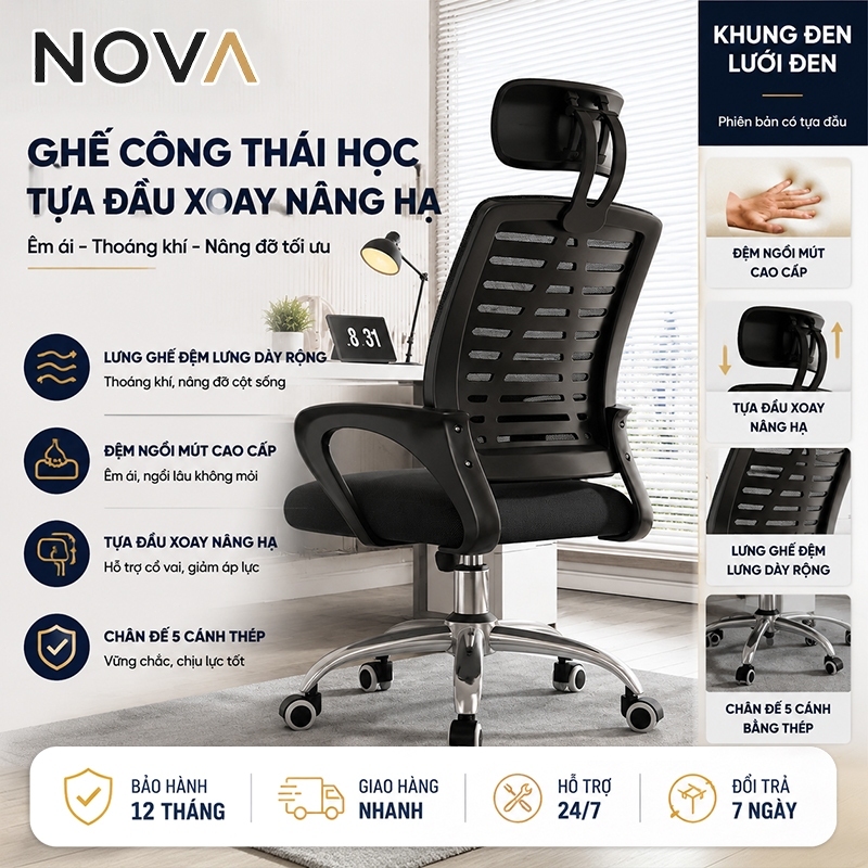 Ghế công thái học NOVA có tựa đầu xoay nâng hạ, đệm mút cao cấp, lưng rộng, chân thép chắc chắn