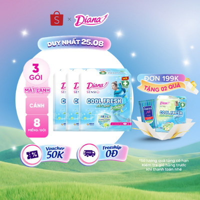 Bộ 3 gói băng vệ sinh Diana SenSi Cool Fresh siêu mỏng cánh gói 8 miếng