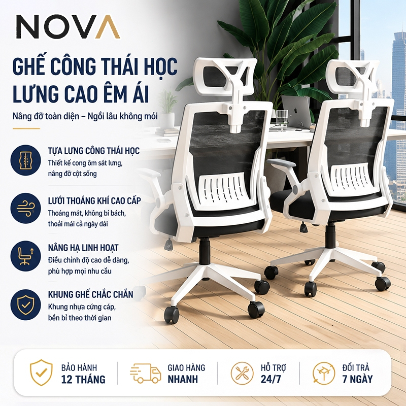 Ghế công thái học NOVA, ghế văn phòng lưng lưới cao cấp, nâng đỡ cột sống, xoay 360°