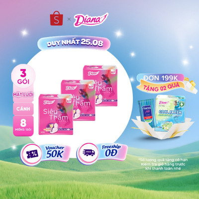 Bộ 3 gói băng vệ sinh Diana siêu thấm cánh Maxi 8 miếng/gói